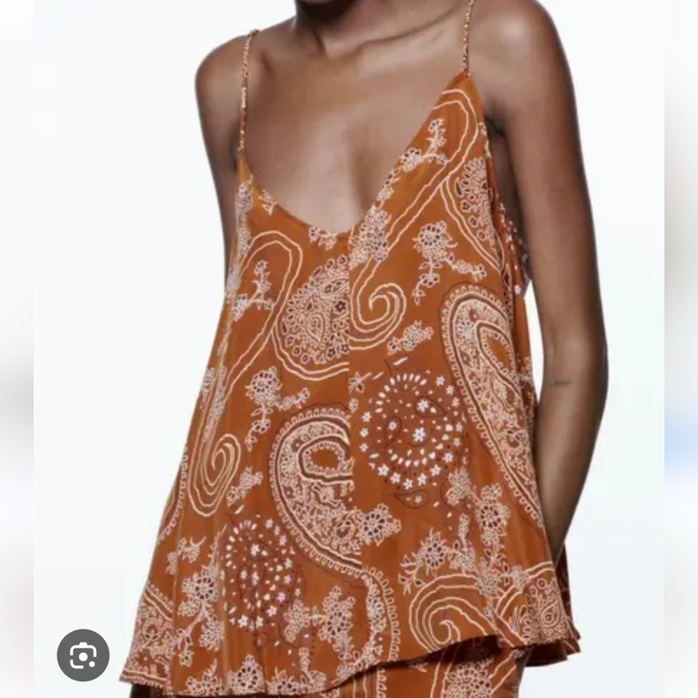 Zara Paisley Spaghetti Strap Top Women's XS Brown Boho Retro 90s Y2K Coastal